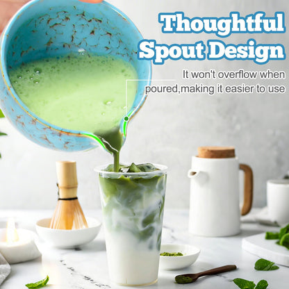 Matcha Whisk Set Ceramic Bowl Kit with Spout, Bamboo Chasen and Holder, Scoop Rest,Sifter Tea Towel Ceremonial Cute Matcha Tea Making Tool,Gift Perfect for Latte Lovers | Beginners,7pcs