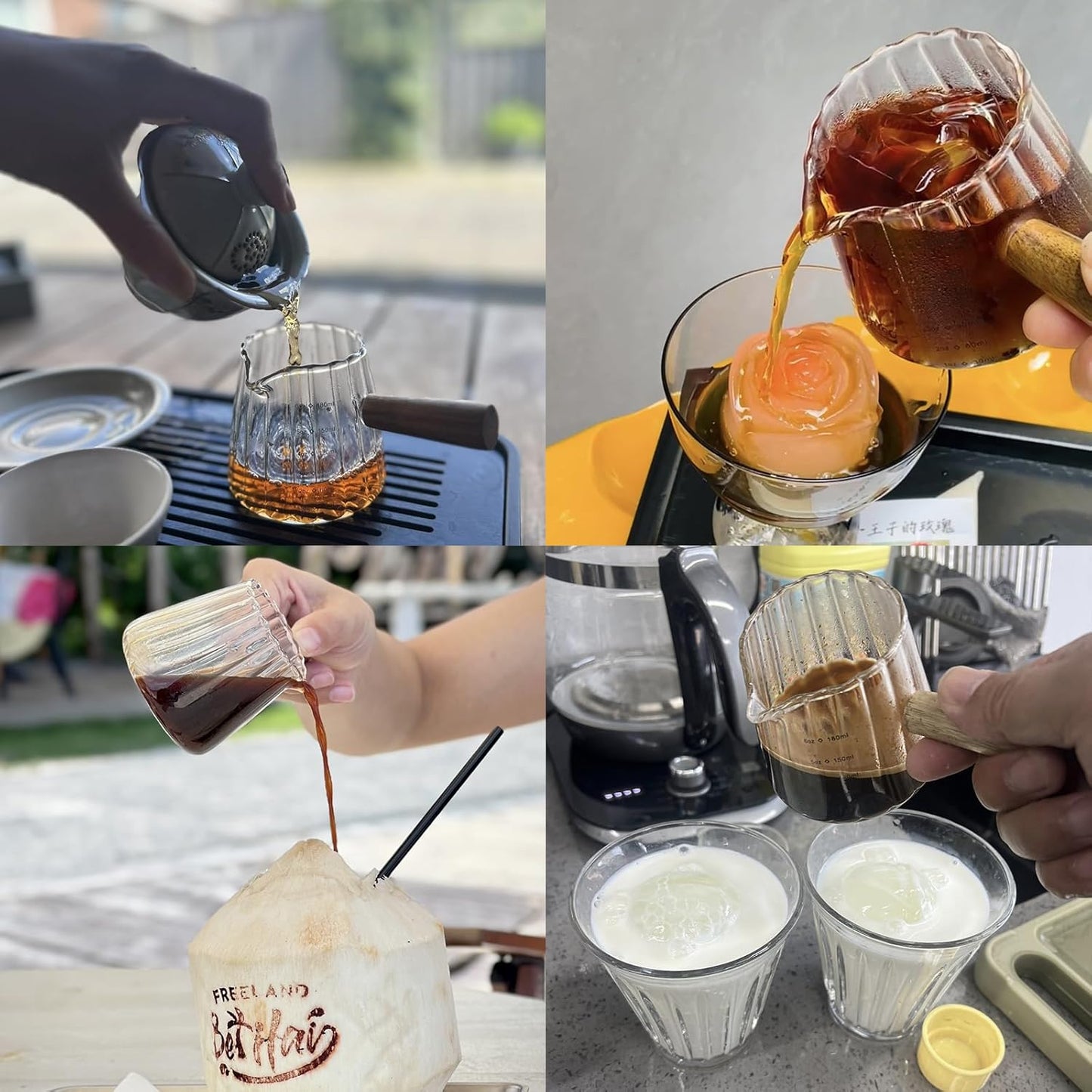 Wooden Handle Coffee Cup with Scale, Espresso Accessories Double Scale Glass Measuring Cup Milk Frother Glass Cup V-Shaped Espresso Cup