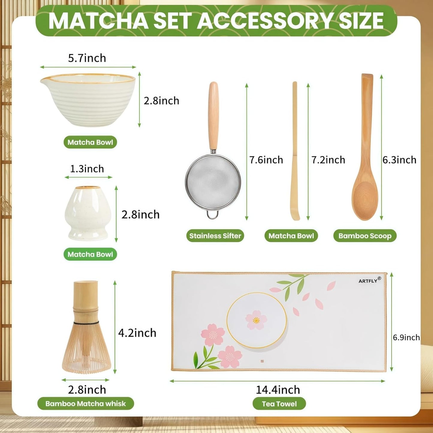 Matcha Set, 7-Piece Japanese Matcha Kit with Ceramic Bowl, Bamboo Whisk, Ceramic Whisk Holder, Stainless Steel Sifter, Chashaku Scoop, Bamboo Spoon and Tea Towel