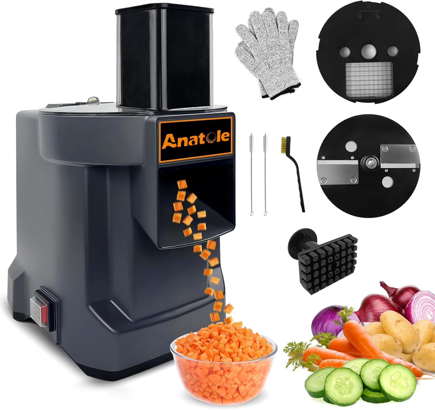Anatole Electric Vegetable Dicer Commercial Food Processor Heavy Duty Veggie Fruits Chopper with 3 Stainless Steel Blades for Carrot Potato Onion 100W 110V