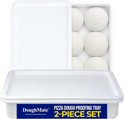 DoughMate® Artisan Kit – 2 Pizza Dough Proofing Trays, 1 Lid, and Dough Scraper – Food Contact Certified, Stackable, Made in USA