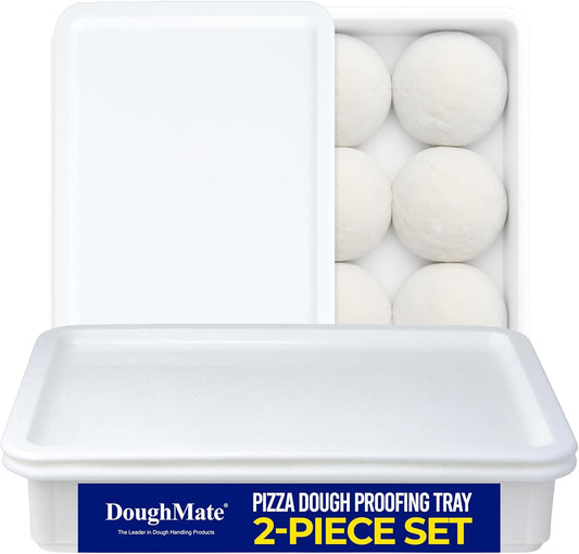 DoughMate® Artisan Kit – 2 Pizza Dough Proofing Trays, 1 Lid, and Dough Scraper – Food Contact Certified, Stackable, Made in USA