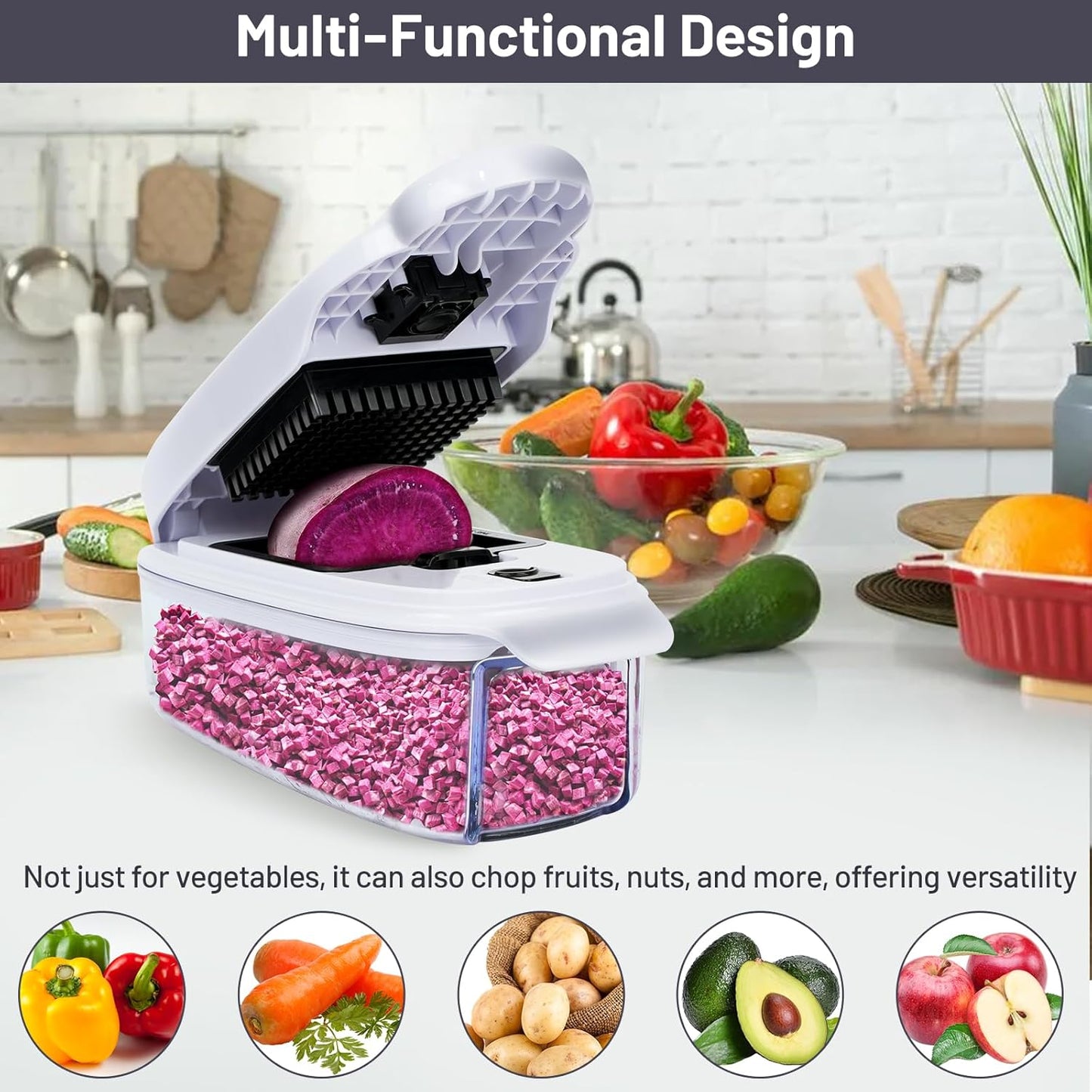 2-in-1 Vegetable Dicer, Onion Chopper with 6.7mm and 13.5mm Dicing Blades, 1.5L Food Prep Container for Salad, Potato, Tomato, Home Kitchen Meal Prep (White & Black)
