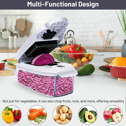 2-in-1 Vegetable Dicer, Onion Chopper with 6.7mm and 13.5mm Dicing Blades, 1.5L Food Prep Container for Salad, Potato, Tomato, Home Kitchen Meal Prep (White & Black)