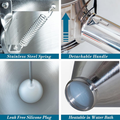 Stainless Steel Pancake Batter Dispenser with Squeeze Handle and Multi-Nozzle, for Pancakes, Cupcakes, and Baked Goods. 40 oz