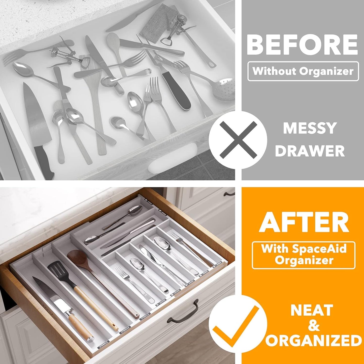 SpaceAid Bamboo Silverware Drawer Organizer with Labels, Kitchen Utensil Expandable Tray Holder Organizer for Flatware, Cutlery, Spoon and Knives Drawer Storage Organization (Natural, 10 Slots)