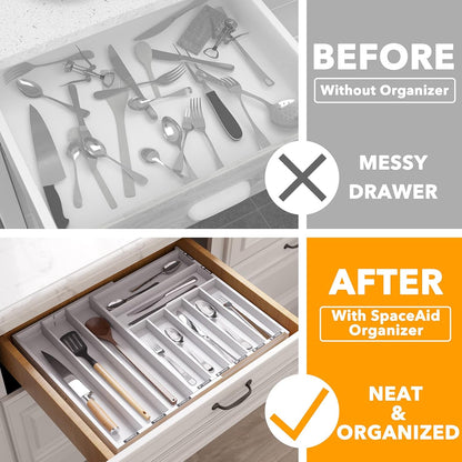 SpaceAid Bamboo Silverware Drawer Organizer with Labels, Kitchen Utensil Expandable Tray Holder Organizer for Flatware, Cutlery, Spoon and Knives Drawer Storage Organization (Natural, 10 Slots)