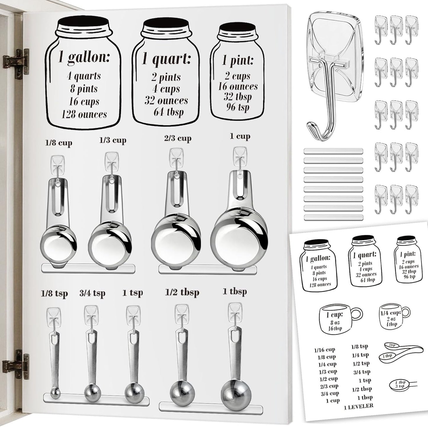 Measuring Cup and Spoon Organizer Set, Kitchen Measurement Conversion Chart with 16 Clear Small Hooks and Anti-Collision Pads for Hanging Measuring Cup and Spoon