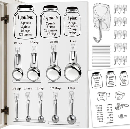 Measuring Cup and Spoon Organizer Set, Kitchen Measurement Conversion Chart with 16 Clear Small Hooks and Anti-Collision Pads for Hanging Measuring Cup and Spoon