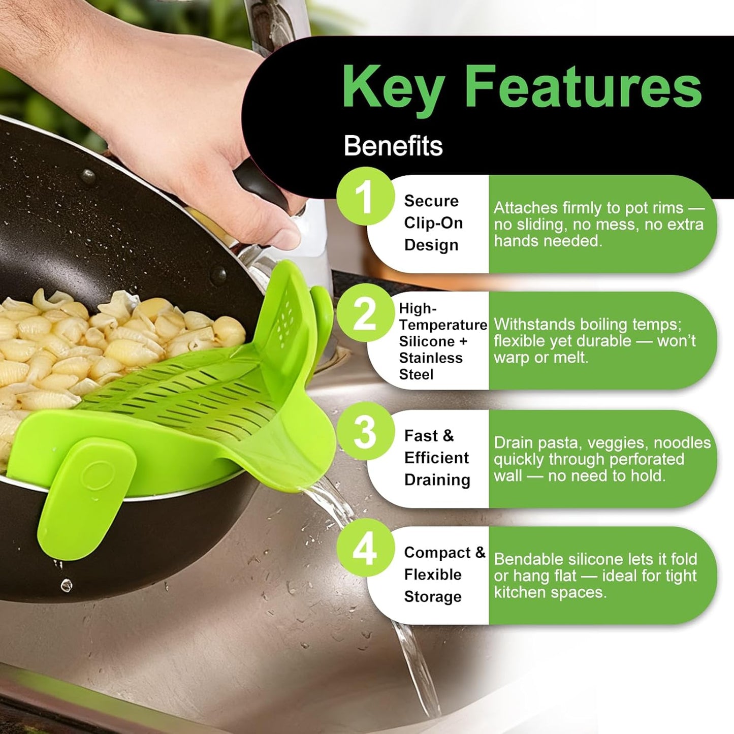 Pasta Strainer Clip-on Silicone Colander for Pot, Pan & Bowl, Heat-Resistant BPA Free Food Drainer with Stainless Steel Clips for Noodle, Meat, Fruit & Vegetable, Space Saving Kitchen Gadget