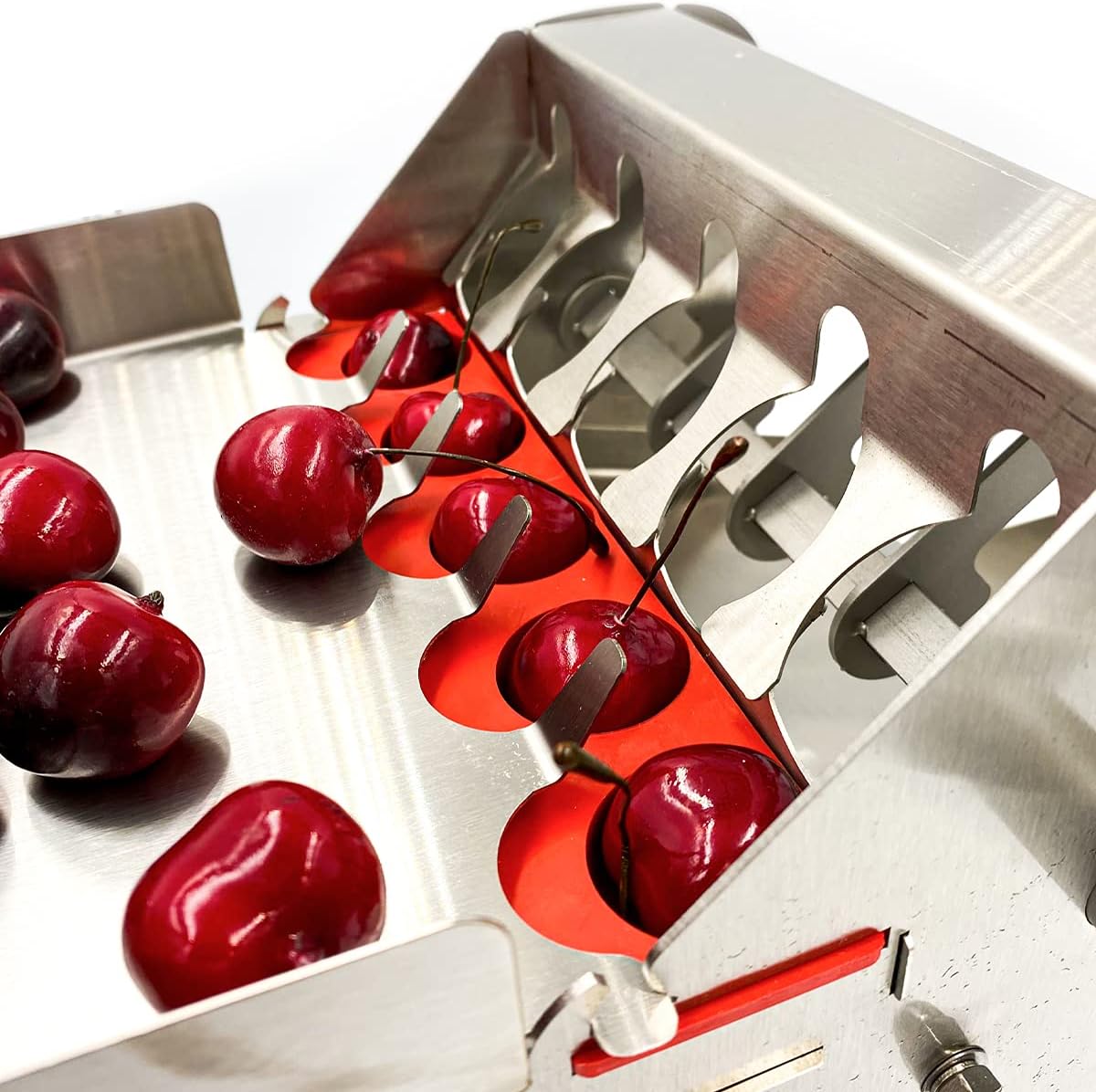 The Sausage Maker - Stainless Steel Deluxe Cherry Pitter - Heavy Duty Multi Pit Removal Tool - 5 at Once Capacity - Includes Catching Container