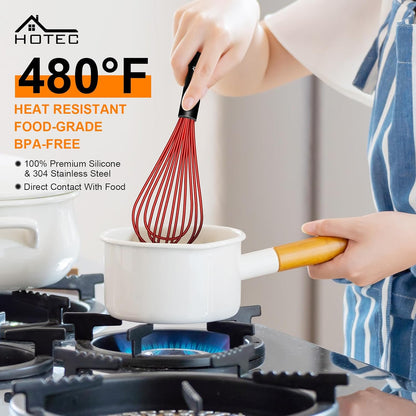 HOTEC 4 Pieces Silicone Whisks Set, Wire Balloon Whisks for cooking Egg Beater, Non-slip Handle Whisk for Non-stick Cookware Perfect for Cooking, Stirring, Beating and Blending (Multicolor)