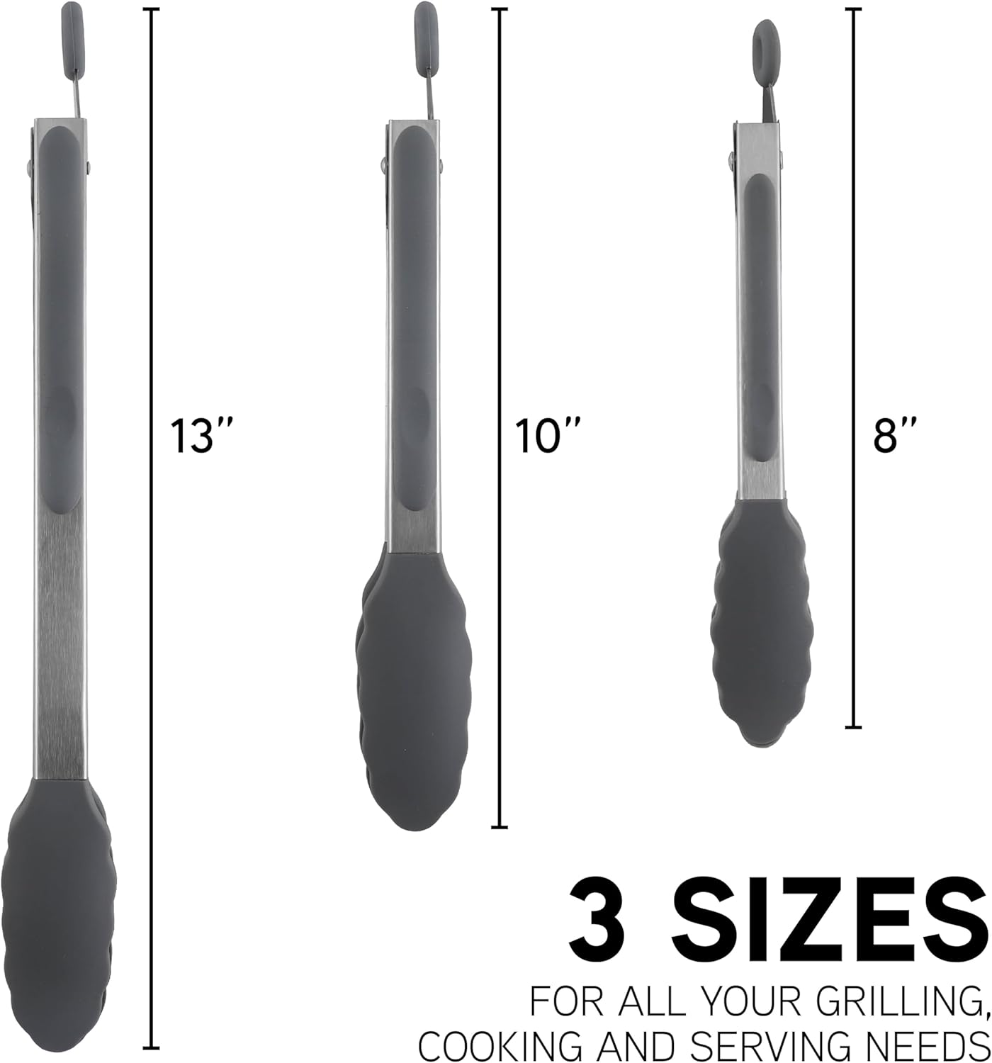 COOK WITH COLOR Stainless Steel Silicone Tipped Kitchen & BBQ Tongs Set, 3 Pc Utensils, Grey