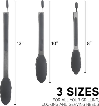COOK WITH COLOR Stainless Steel Silicone Tipped Kitchen & BBQ Tongs Set, 3 Pc Utensils, Grey