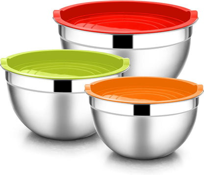 E-far Mixing Bowls with Lids, 6-Piece Stainless Steel Salad Bowls Metal Nesting Bowls for Baking Cooking and Prepping, Airtight Lids & Stackable Design, Size 4.5, 3, 1.5 QT (Black)