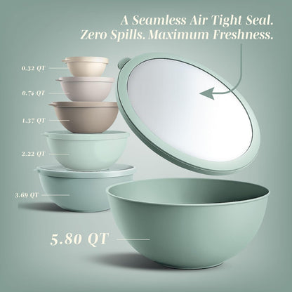 COOK WITH COLOR Mixing Bowls with Lids - 12 Piece Plastic Nesting Bowls Set includes 6 Prep Bowls and 6 Lids, Microwave Safe Mixing Bowl Set, Sage Embossed - Colors B