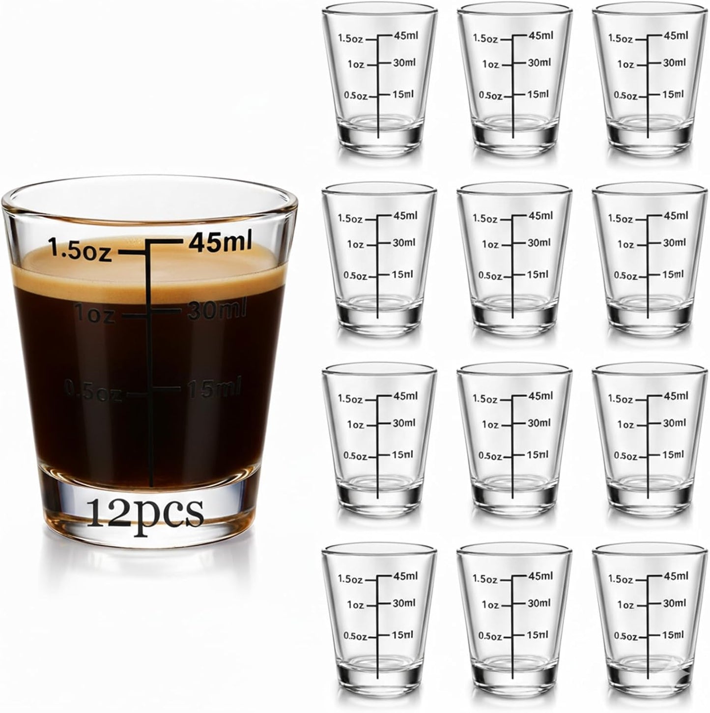 Ruckae Shot Glasses Measuring Cup Set 12 Pack Square Espresso Shot Glasses Liquid Heavy Glass -Incremental Measurement 2oz Shot Glass for Bars and Home Use