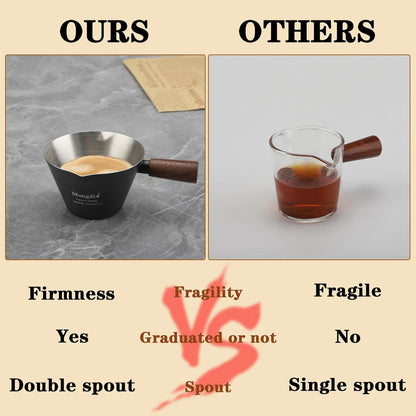 Mongdio Espresso Measuring Cup, Stainless Steel Espresso Shot Cups with Wooden Handle and Double Spouts, 6.8OZ/200ML, White