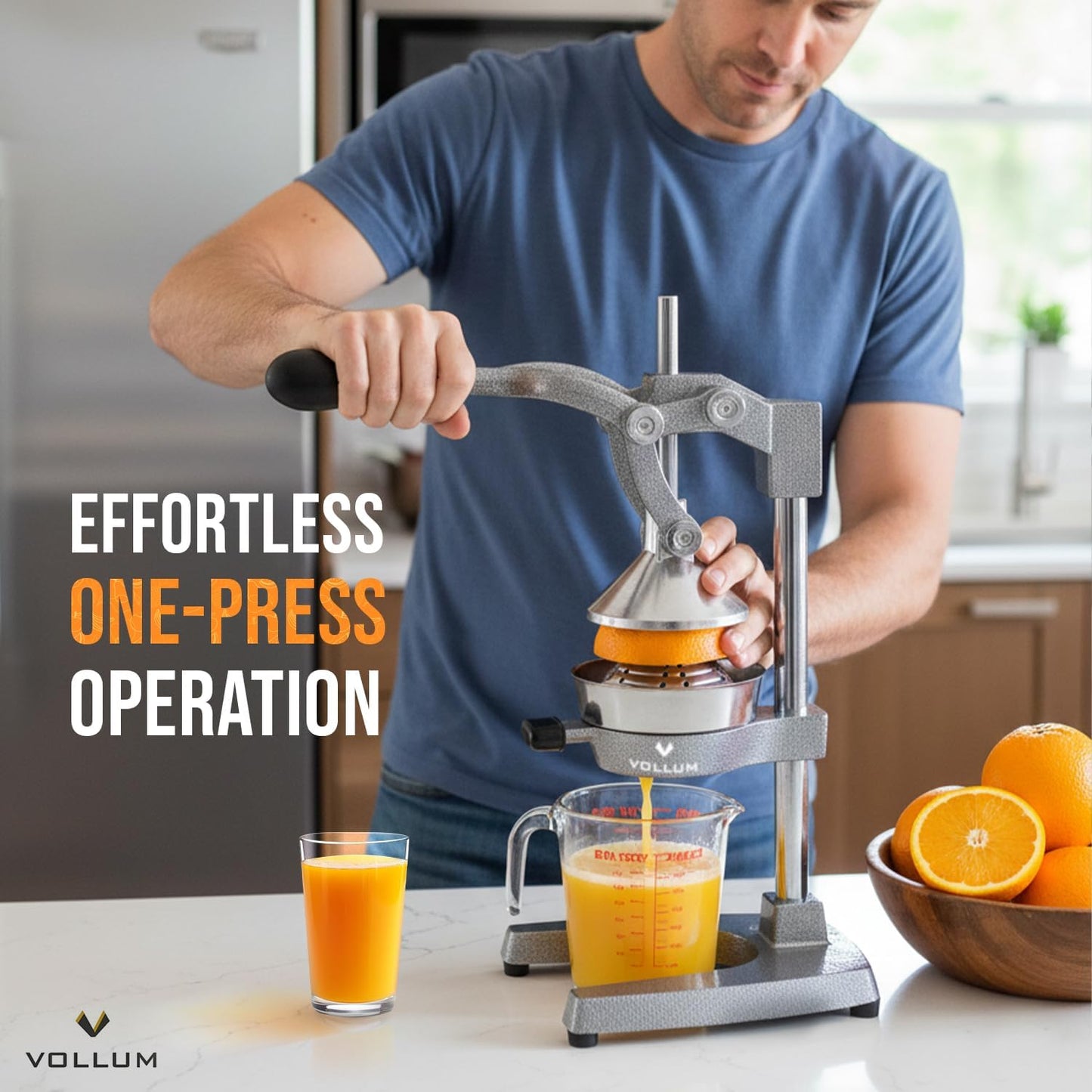 Vollum Hand Press Manual Citrus Juicer - citrus squeezer Commercial Grade Home Orange juice Squeezer for Oranges, Lemons, Limes - Stainless Steel and Cast Iron Non-skid Suction Cup Base- 15 Inch, Gray