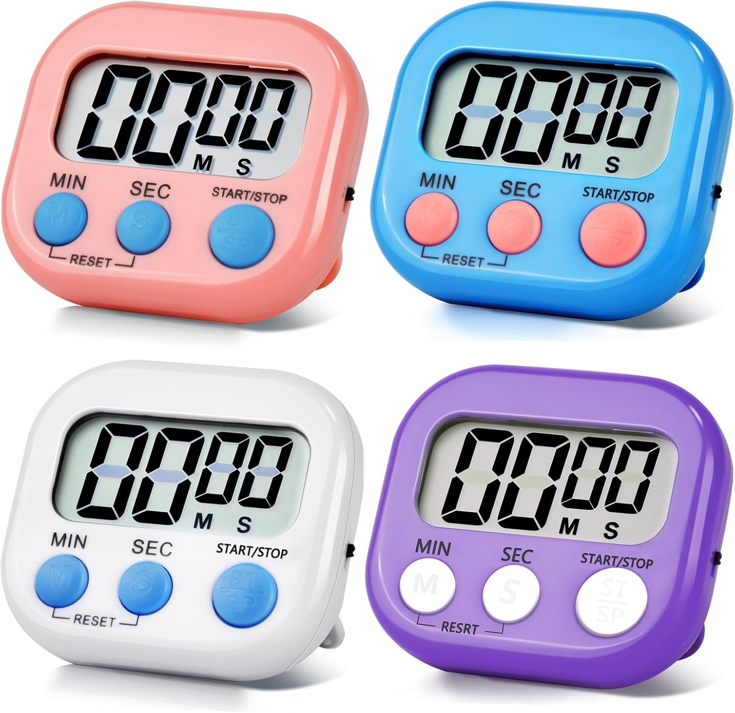 4 Pack Digital Kitchen Timer Magnetic Digital Timer with Big Display Loud Ring Cooking Timers for Cooking, Game, Gym, Break Time, Classroom(4, Pink, Green, Orange, White)