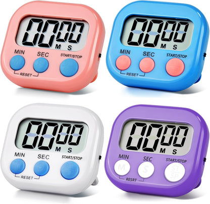 4 Pack Digital Kitchen Timer Magnetic Digital Timer with Big Display Loud Ring Cooking Timers for Cooking, Game, Gym, Break Time, Classroom(4, Pink, Green, Orange, White)