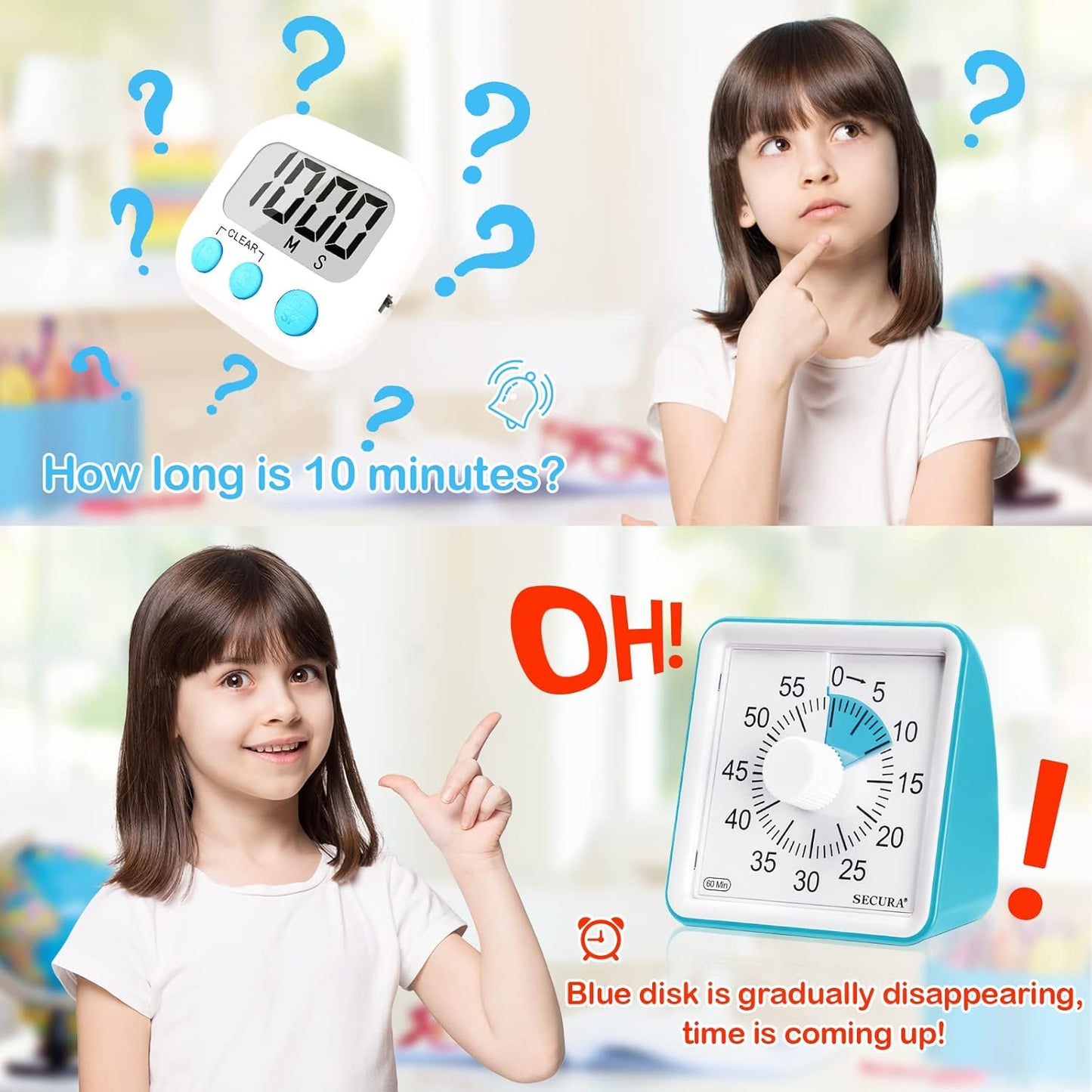 Secura 60-Minute Visual Timer, Classroom Timer, Countdown Timer for Kids and Adults, Time Management Tool for Teaching (Blue & Blue)