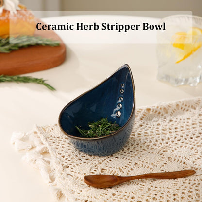 Herb Stripper Bowl, Ceramic Herb Peeling Bowl, Kitchen Herbs Leaf Stripping Tool, Pottery Herb Peeler for Kale, Thyme, Basil, Rosemary Stripper (White)