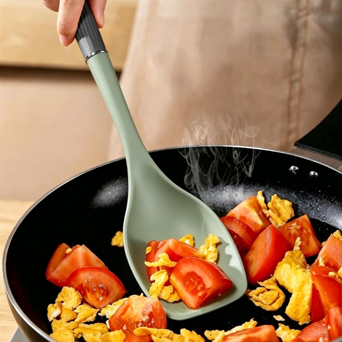 2 Pack Silicone Cooking Spoon Spatulas, Non Stick Large Rubber Spoon Set for Mixing, Serving, Draining, Scraping, 13Inch Heat Resistant Kitchen Utensils, Green+Grey