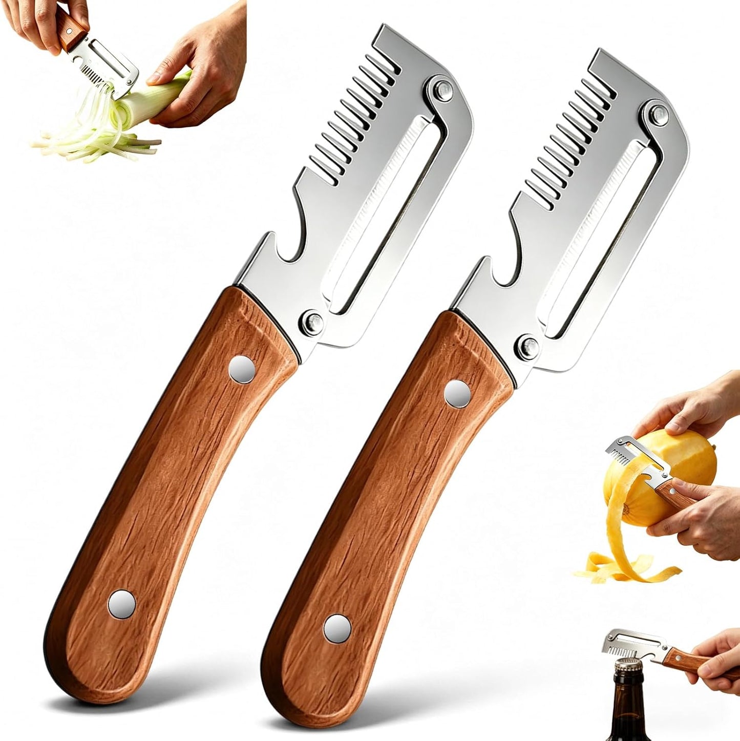 Multifunctional Vegetable Peeler 2-Pack, 3-in-1 Kitchen Peeler with Julienne Grater & Bottle Opener, Durable Stainless Steel Handle for Potato, Carrot, Apple (B)