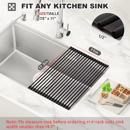 MERRYBOX Roll Up Over The Sink Dish Drying Rack Silicone Wrapped Foldable, Heat-Resistant, Anti-Slip Sink Rack Multipurpose Dish Drainer for Kitchen Sink Counter - White, 17.5" x 11"