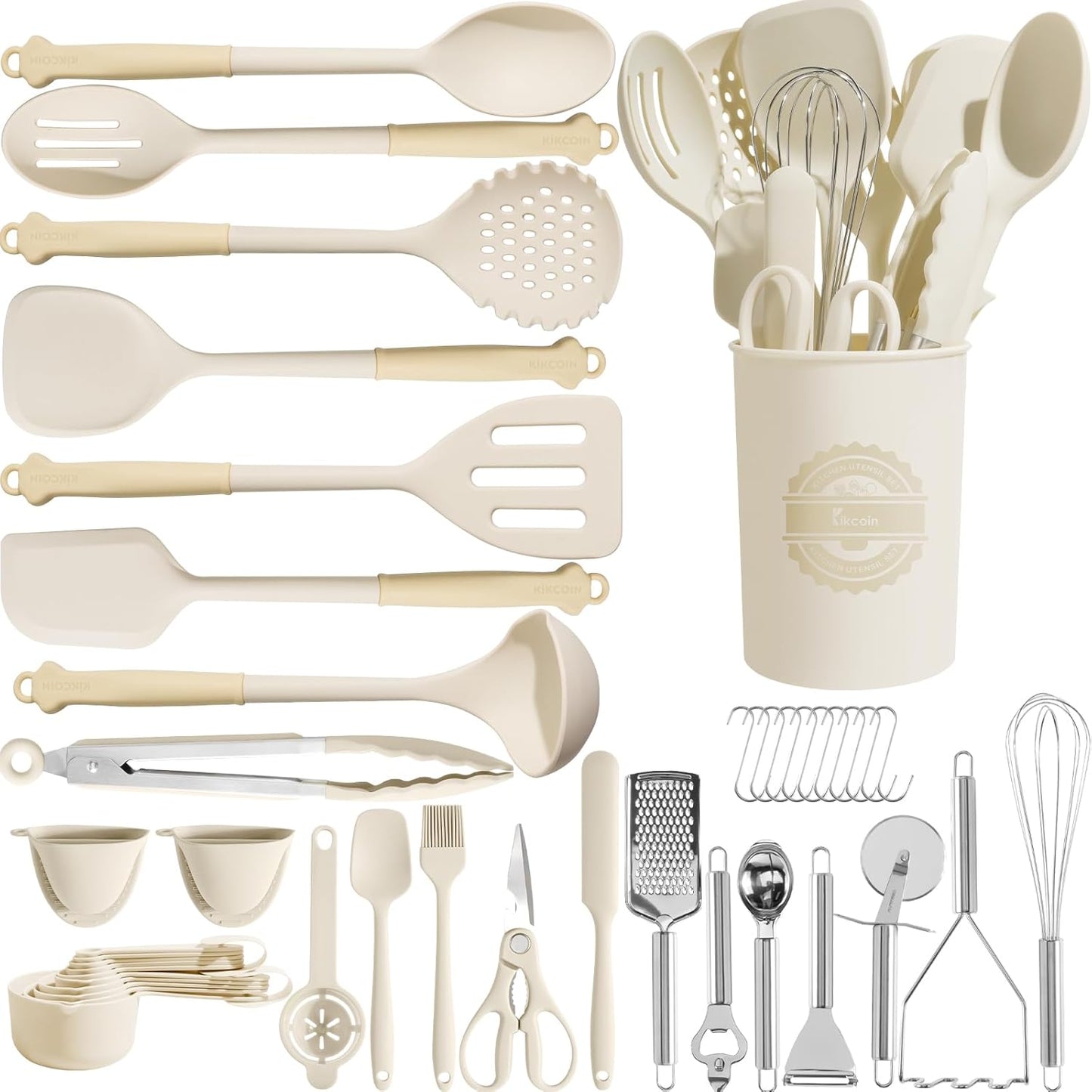 Kikcoin 43Pcs Large Kitchen Utensils Set - Silicone Cooking Utensils Set, Dishwasher Safe Spatula Set for Non-stick Cookware, 446°F Heat Resistant Kitchen Utensils Set with Holder BPA Free, Grey