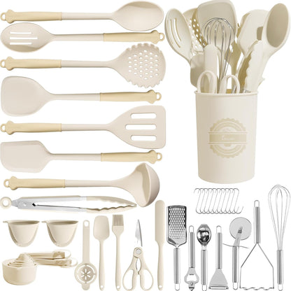 Kikcoin 43Pcs Large Kitchen Utensils Set - Silicone Cooking Utensils Set, Dishwasher Safe Spatula Set for Non-stick Cookware, 446°F Heat Resistant Kitchen Utensils Set with Holder BPA Free, Grey
