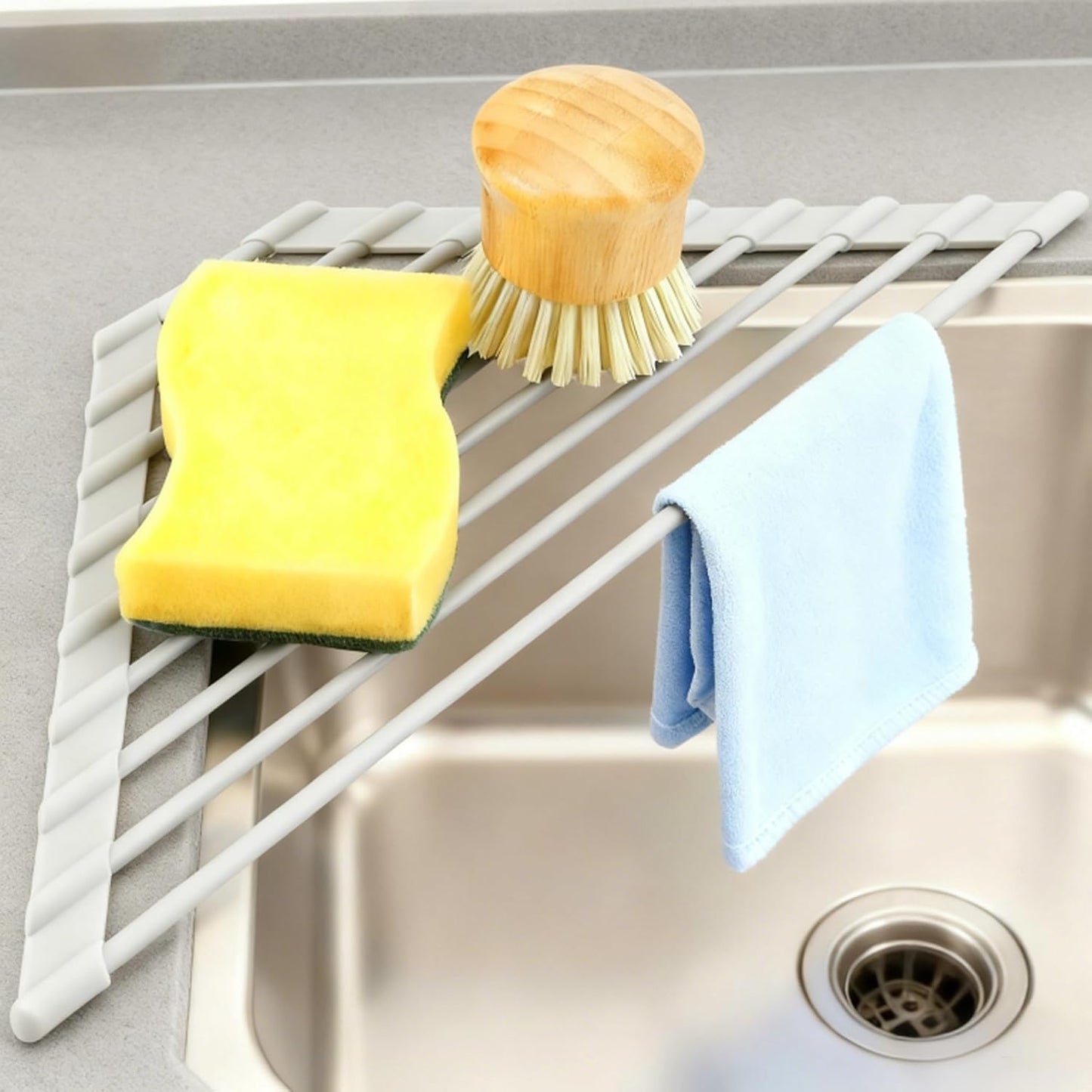 MERRYBOX Roll Up Over The Sink Dish Drying Rack Silicone Wrapped Foldable, Heat-Resistant, Anti-Slip Sink Rack Multipurpose Dish Drainer for Kitchen Sink Counter - White, 17.5" x 11"