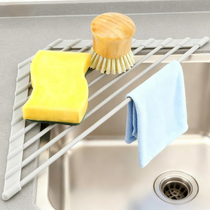 MERRYBOX Roll Up Over The Sink Dish Drying Rack Silicone Wrapped Foldable, Heat-Resistant, Anti-Slip Sink Rack Multipurpose Dish Drainer for Kitchen Sink Counter - White, 17.5" x 11"