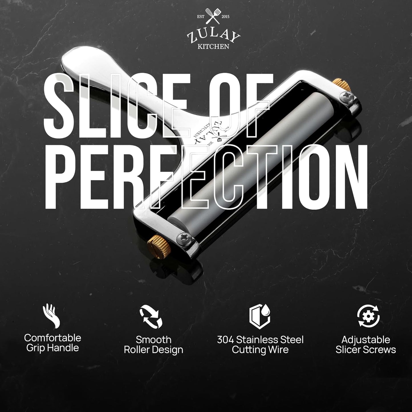 Zulay Kitchen Stainless Steel Wire Cheese Slicer - Adjustable Hand Held Cheese Cutter with 2 Extra Wires - Premium Cheese Shaver For Mozzarella, Cheddar, Gruyere - Cheese Cutter with Wire (Gunmetal)