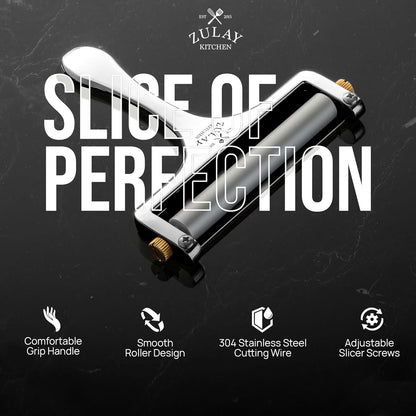 Zulay Kitchen Stainless Steel Wire Cheese Slicer - Adjustable Hand Held Cheese Cutter with 2 Extra Wires - Premium Cheese Shaver For Mozzarella, Cheddar, Gruyere - Cheese Cutter with Wire (Gunmetal)