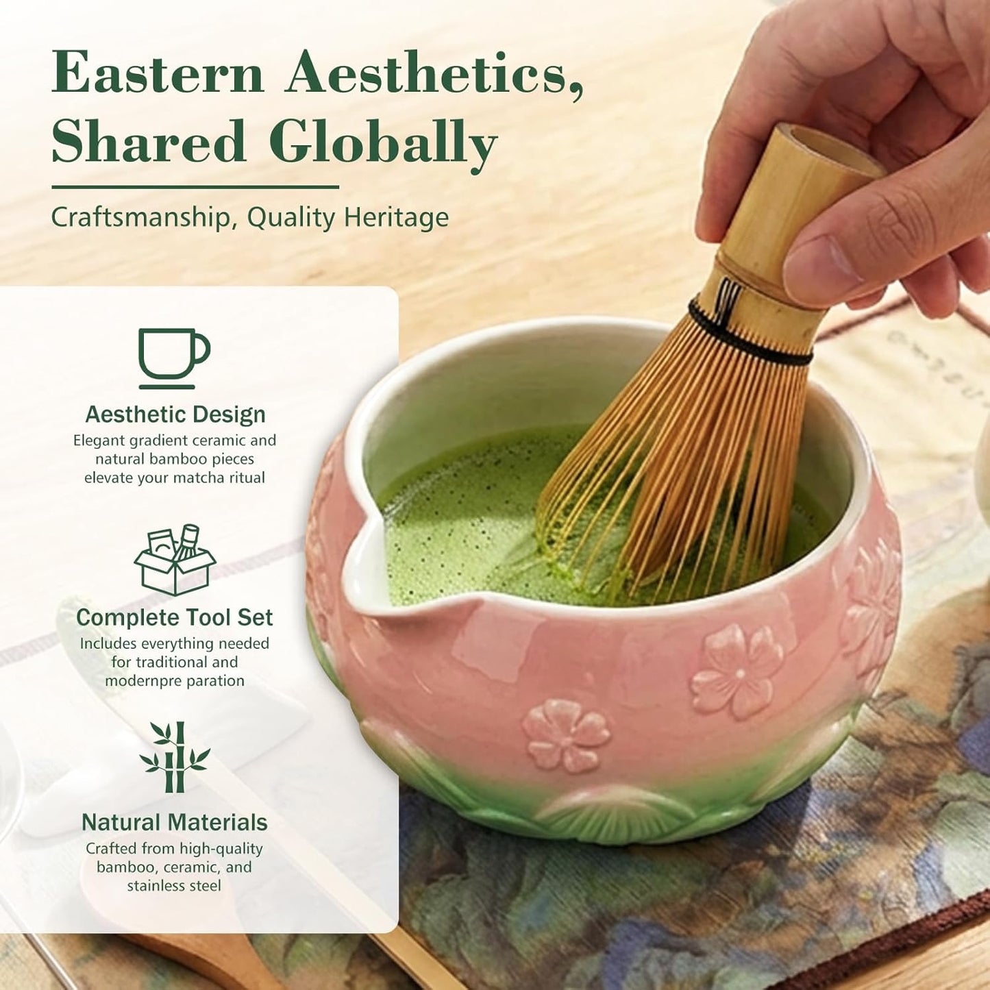 Mint Pink Matcha Whisk & Bowl Set, 8-Piece Complete Matcha Making Kit, Ceremonial Grade Starter Set with Elegant Floral Gift Packaging