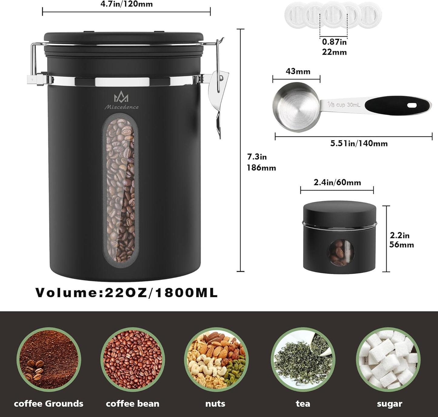Coffee canister for ground coffee with Scoop Date Tracker One Way Co2 Valve 304 Stainless Steel Kitchen Food Airtight storage container for Coffee Beans,Grounds,Tea,Sugar (Black, 16oz)