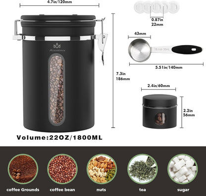 Coffee canister for ground coffee with Scoop Date Tracker One Way Co2 Valve 304 Stainless Steel Kitchen Food Airtight storage container for Coffee Beans,Grounds,Tea,Sugar (Black, 16oz)