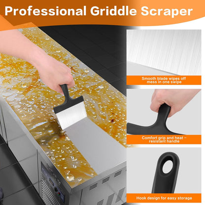 Heavy Duty Stainless Steel Grill Scraper, 3-in-1 Professional Griddle Scraper for Blackstone Grill Accessories with Comfort Grip Handle - for Flat Top Grill & Outdoor Barbecue Tools