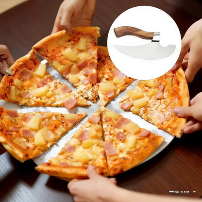 Pizza Cutter Chef Pizza Axe, Camping Knives Tools Mezzaluna Ulu Knife Viking Butcher Cleaver Super Steel Wooden Handle Sharp Rocker Slicer Stainless Steel Blade (walnut wood, 8.6inch)