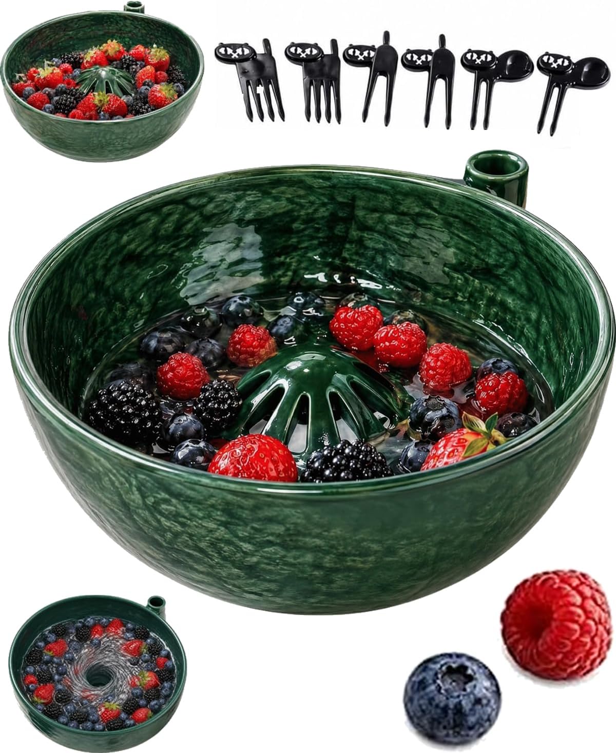 Vortex Berry Bowl The Original Artisan Swirling Berry Bowls Handmade 3D Print Berry Colander Self Rinsing Fruit Washing Stoneware Rinse Gentle Dynamic Washer Spinner Basket(3D Printing Blue)