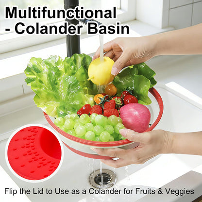 10.7 Inch Microwave Food Cover with Heat Insulation Mat, Anti-Scald Collapsible Microwave Splatter Cover, Multi-Functional as Colander & Fruit Plate, Dishwasher Safe, Ideal for Meal Prep (Gray)