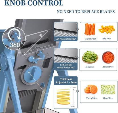 Upgraded Safe Mandoline Slicer Plus, Thickness Adjustable Vegetable Food Chopper, Potato Fries Cutter Veggie Salad Dicer Tomato Onion Versatile Mandoline Slicer for Kitchen (Blue)
