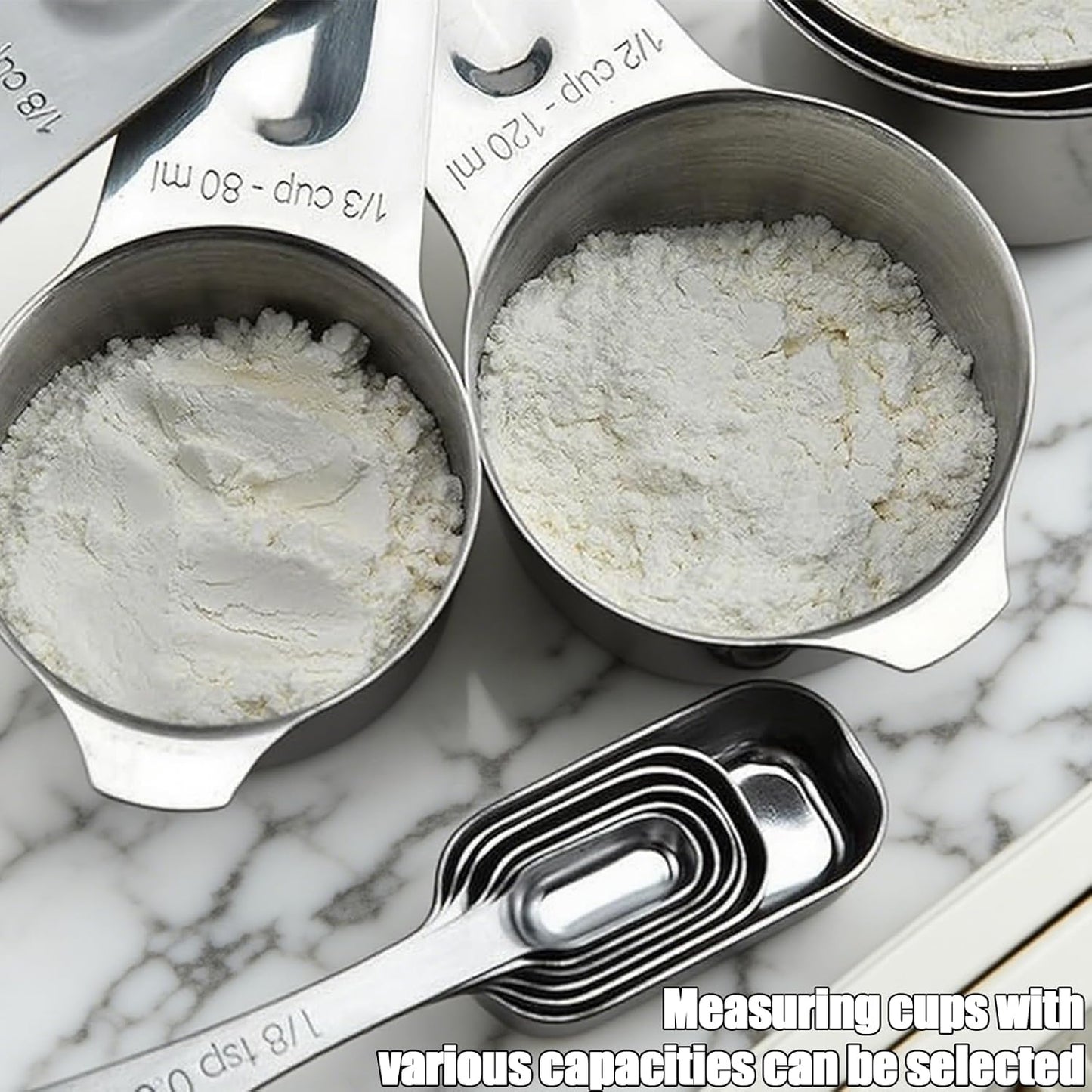 Measuring cup and spoon set stainless steel 13 inch 18/8 stainless steel: 7 measuring cups and 5 measuring spoons, with a professional magnetic measurement conversion table