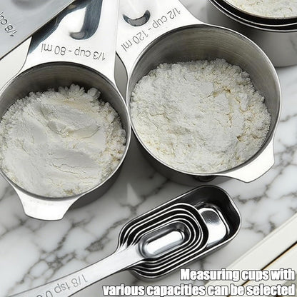 Measuring cup and spoon set stainless steel 13 inch 18/8 stainless steel: 7 measuring cups and 5 measuring spoons, with a professional magnetic measurement conversion table