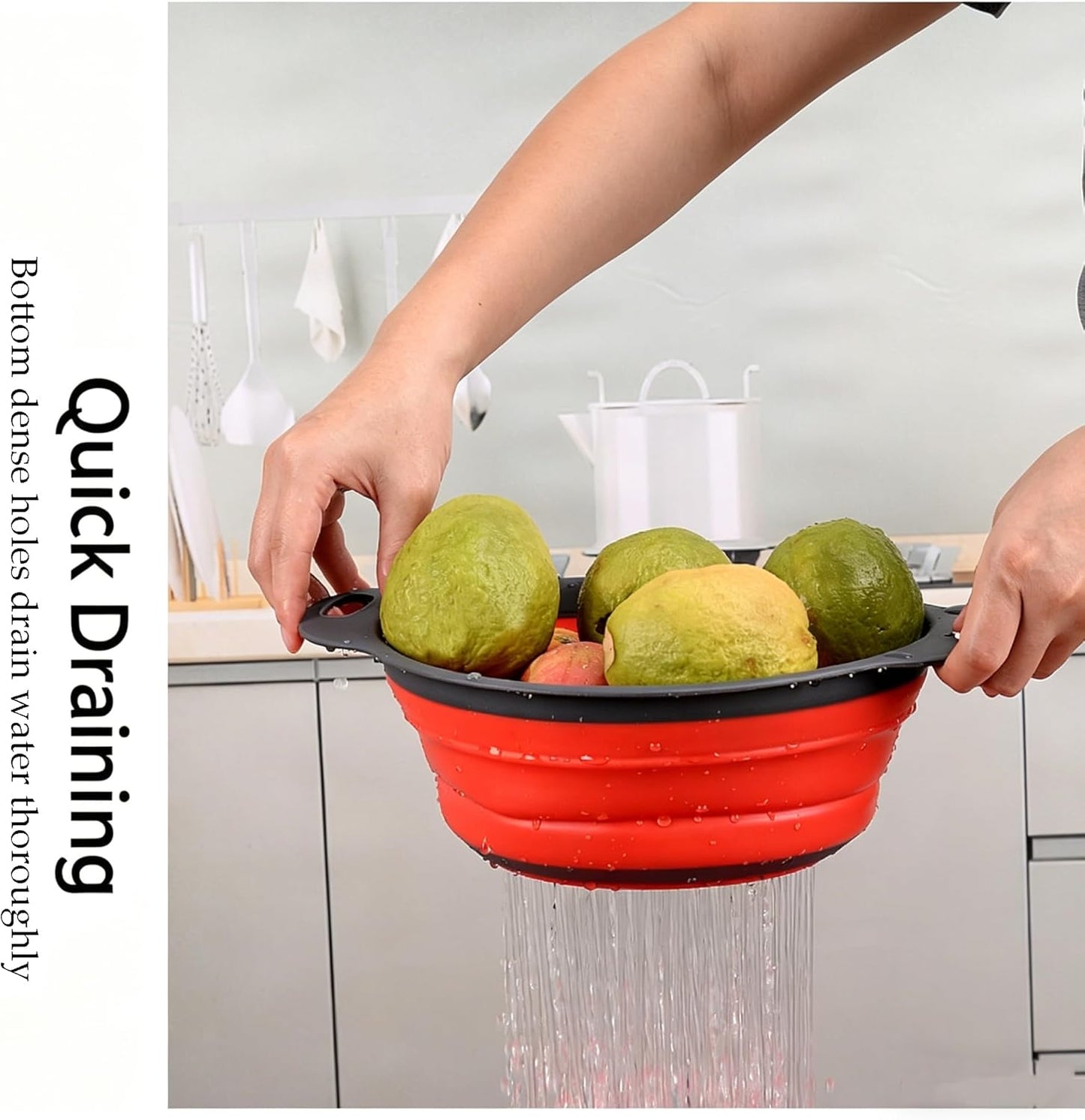 Collapsible Silicone Colander for Kitchen Sink, Foldable Vegetable Strainer Basket with Handles, Small Kitchen Drainer for Pasta Fruits and Vegetables (Red)