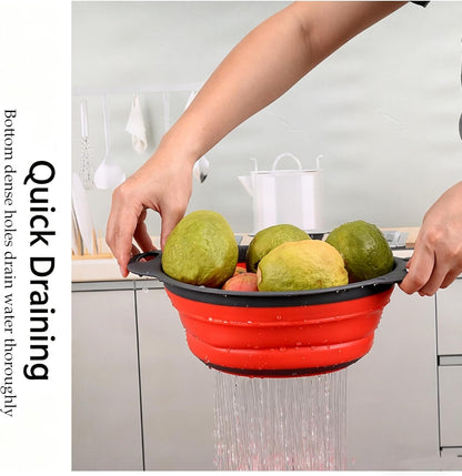 Collapsible Silicone Colander for Kitchen Sink, Foldable Vegetable Strainer Basket with Handles, Small Kitchen Drainer for Pasta Fruits and Vegetables (Red)