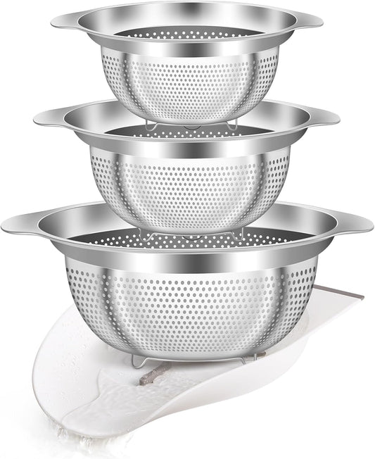 Stainless Steel Colander for Kitchen Pasta Rice Strainer for Spaghetti Fruit Cooking Food 3 Pcs Set Metal Mesh Strainers and Colanders(2QT, 3QT, 5QT),Dishwasher Safe,with Over-Sink Water Draining Base