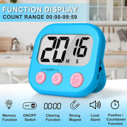 ZILLEEN Kitchen Timer Digital with Magnetic Back for Kids Classroom, White 6 Pack